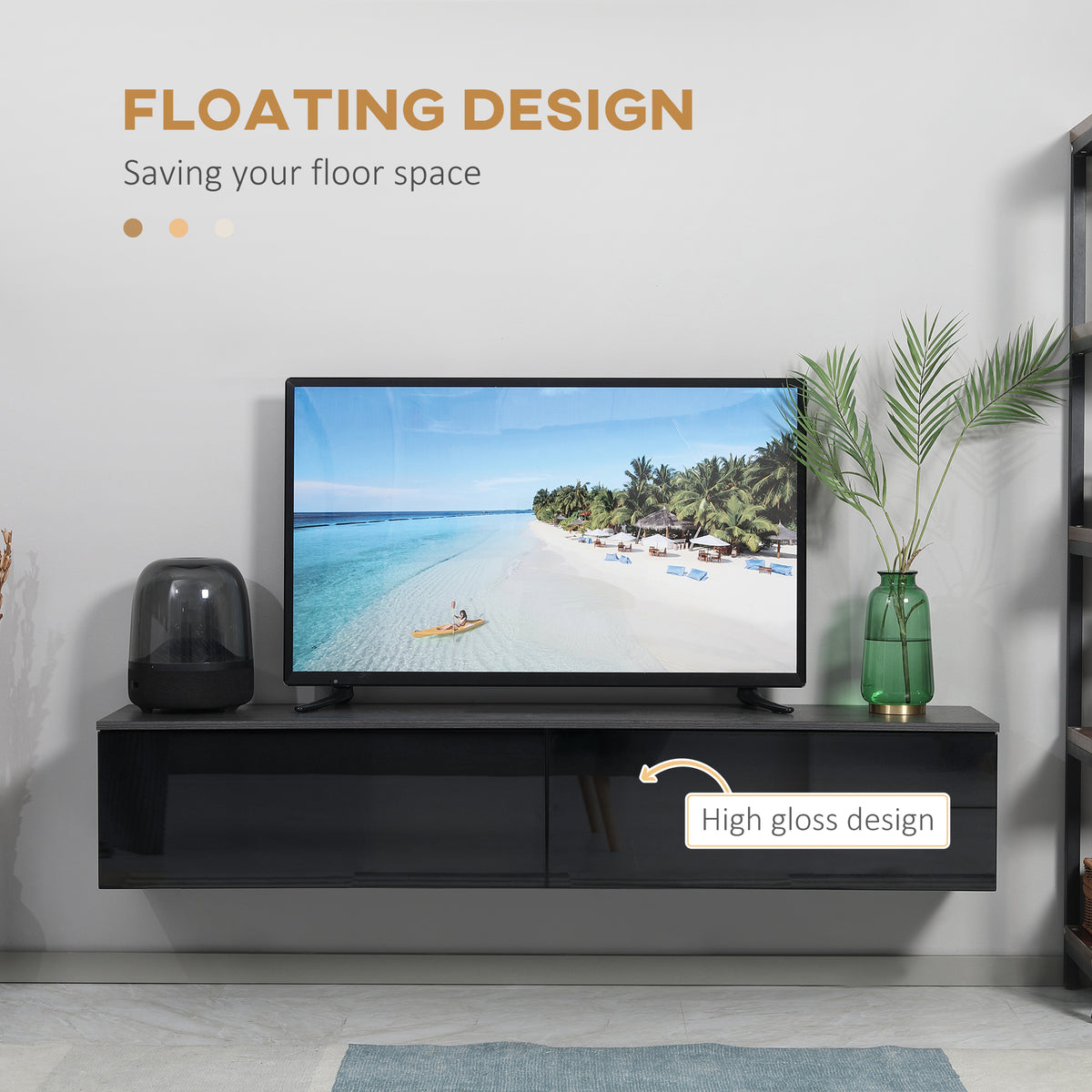 HOMCOM wall-mounted TV cabinet with glossy black flip doors