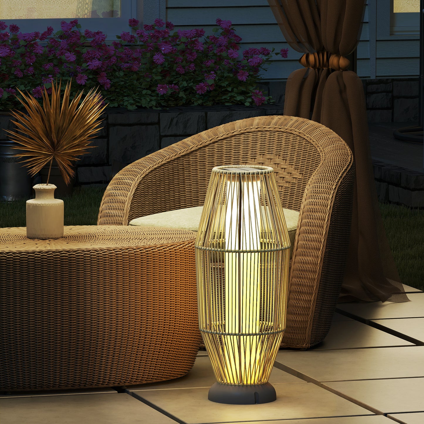 Outsunny Garden Rattan Lamp, 72 cm Tall Solar Rattan Floor Lamp, Solar Garden Light with Auto On/Off LED, IP44 for Outdoor, Porch, Pathway, Terrace, Grey