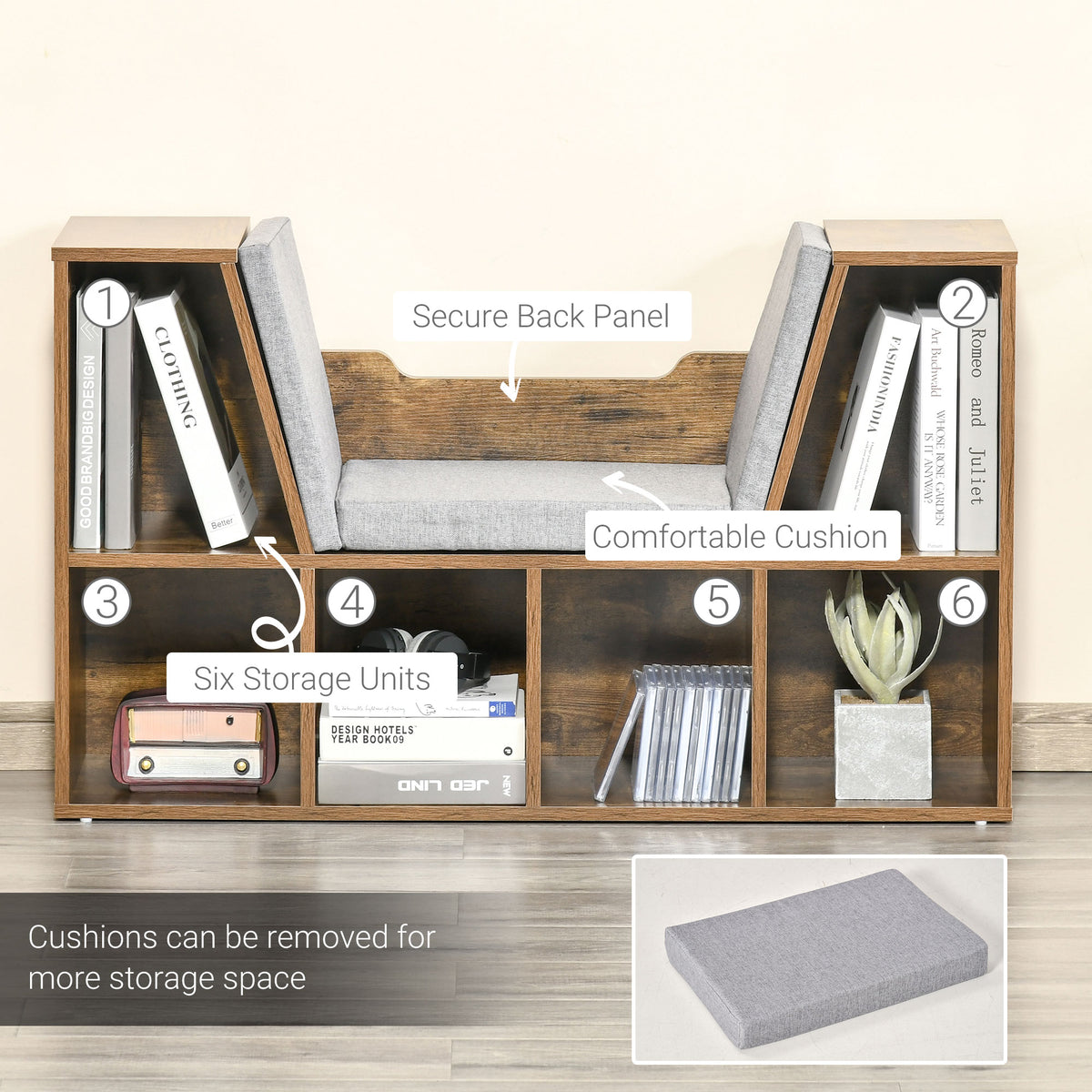 Cushioned bookcase seat with six storage units and removable gray cushion