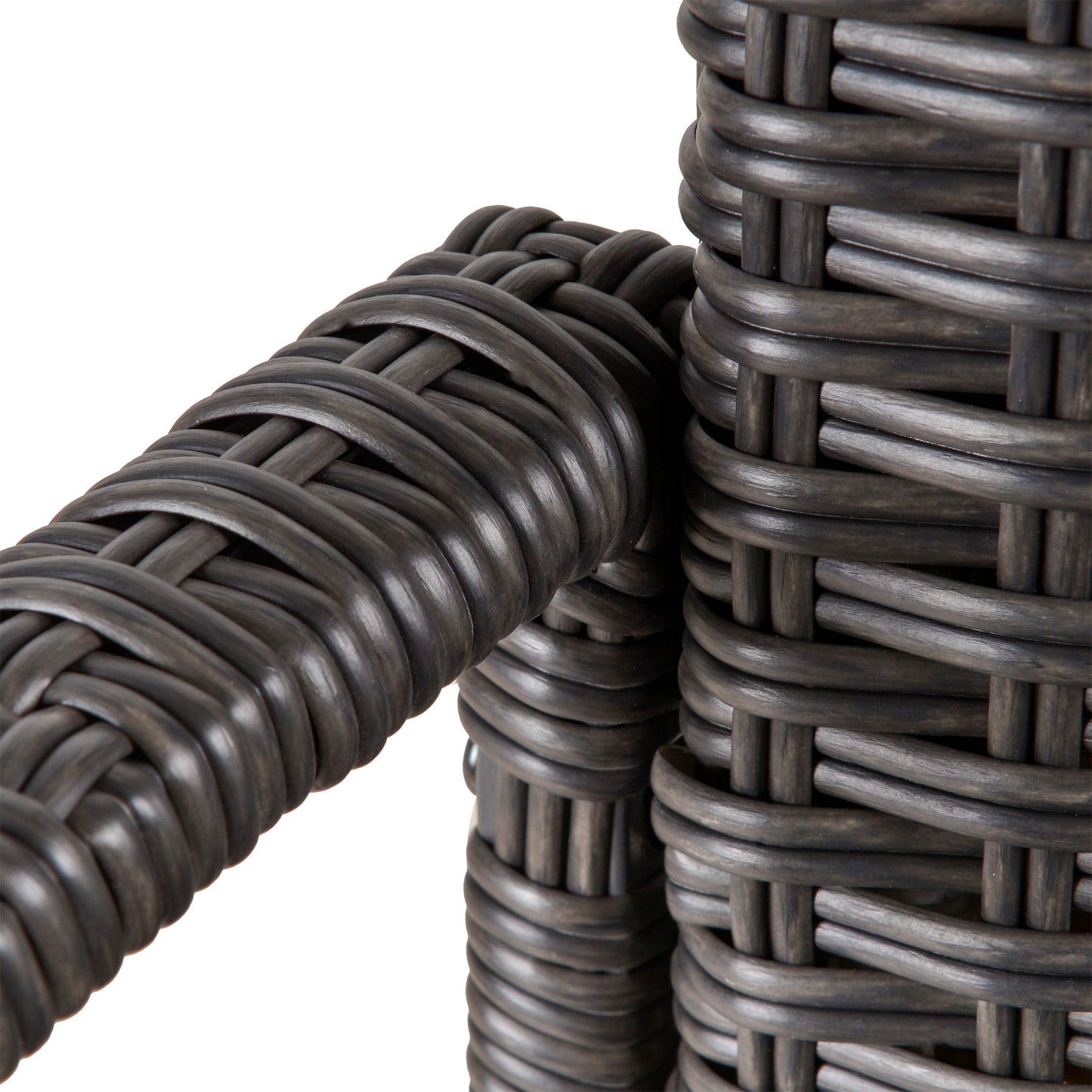 Close-up of woven PE rattan chair arm and frame