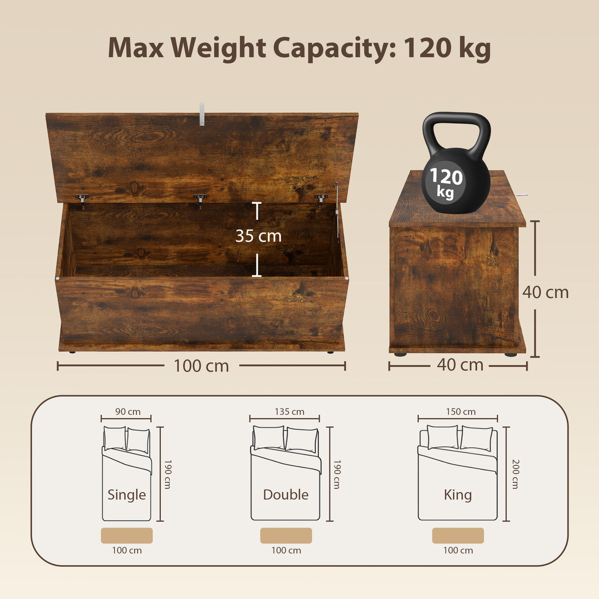 Rustic brown storage chest shown open with 100 cm width, 40 cm depth and 35 cm interior