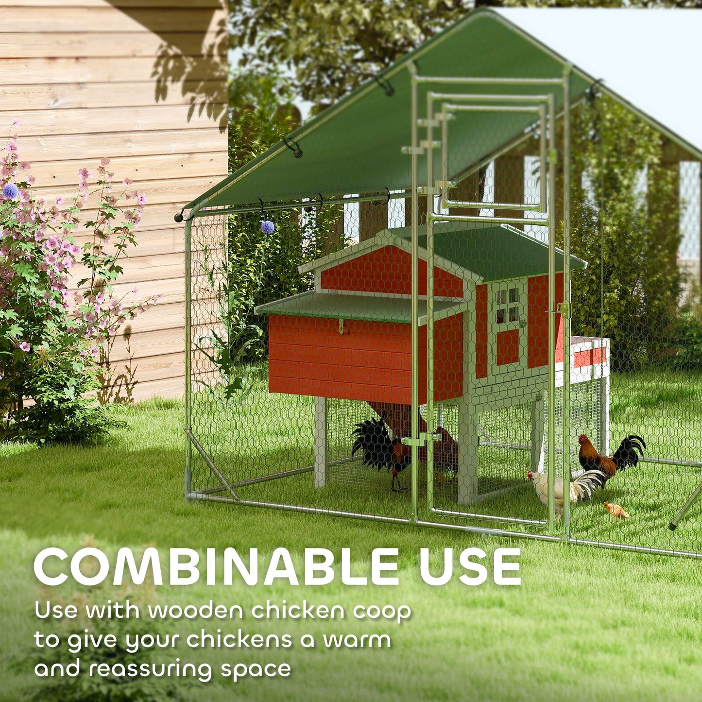 PawHut Walk-in Chicken Run with Cover, Feeding Door, Hanging Feeder, Perch, for 6-8 Poultry