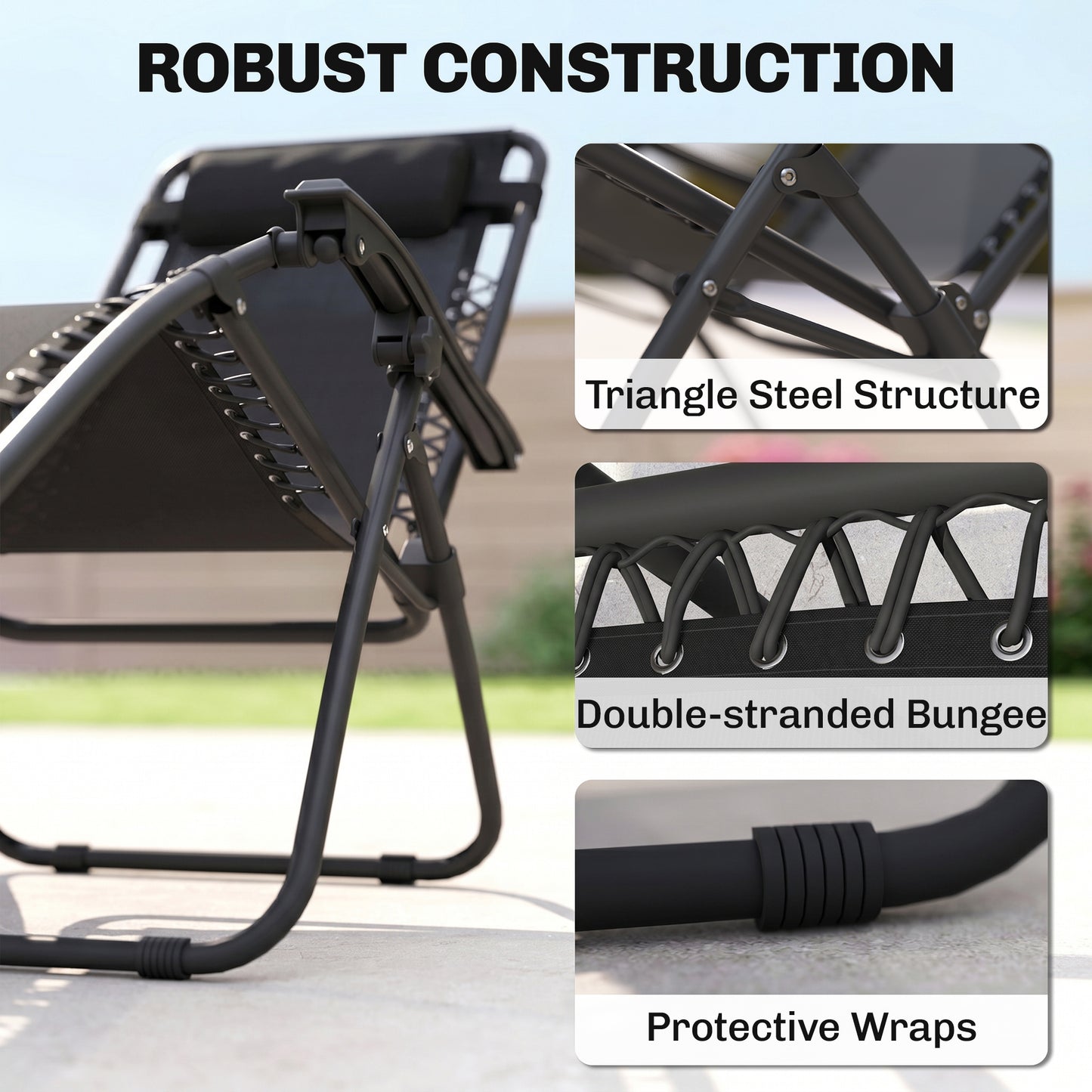 Outsunny Folding Zero Gravity Chairs, 3 Pieces Adjustable Sun Lounger and Table Set with Cup Holder and Headrest, Patio Bistro Set with Reclining Garden Chairs for Outdoor, Black