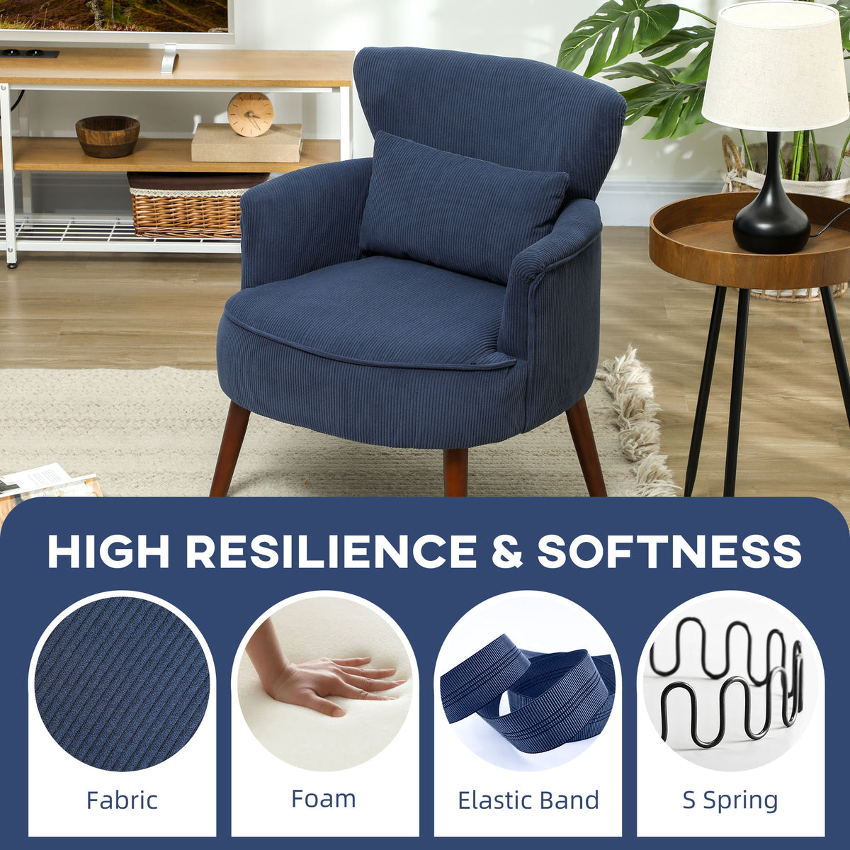 Blue corduroy accent chair with padded seat, lumbar pillow, and curved arms