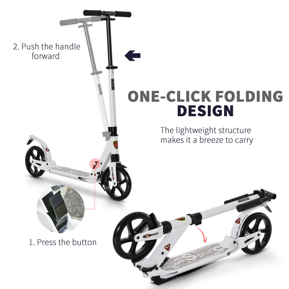 HOMCOM white folding kick scooter shown upright and folded with one-click folding mechanism