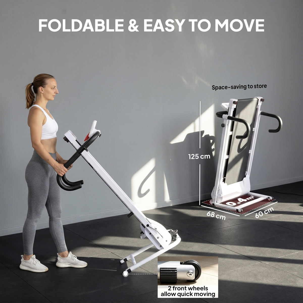 White folding treadmill shown tilting for transport and stored upright