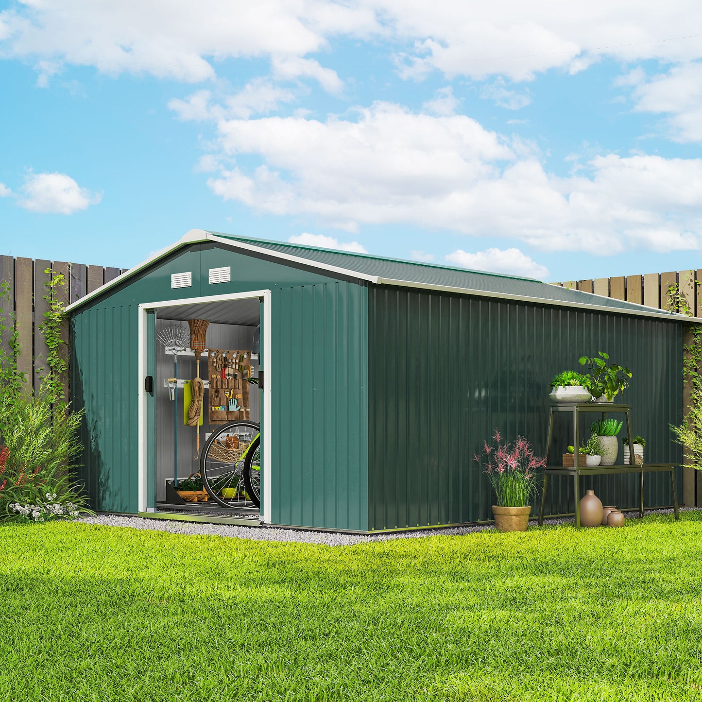 Outsunny 12.5ft Sliding Door Durable Steel Storage Shed with 4 Ventilation Outdoor, Green