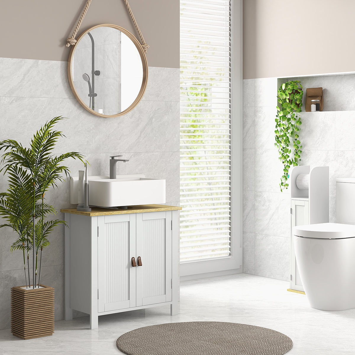 White two-door bathroom sink cabinet with a wood-look top