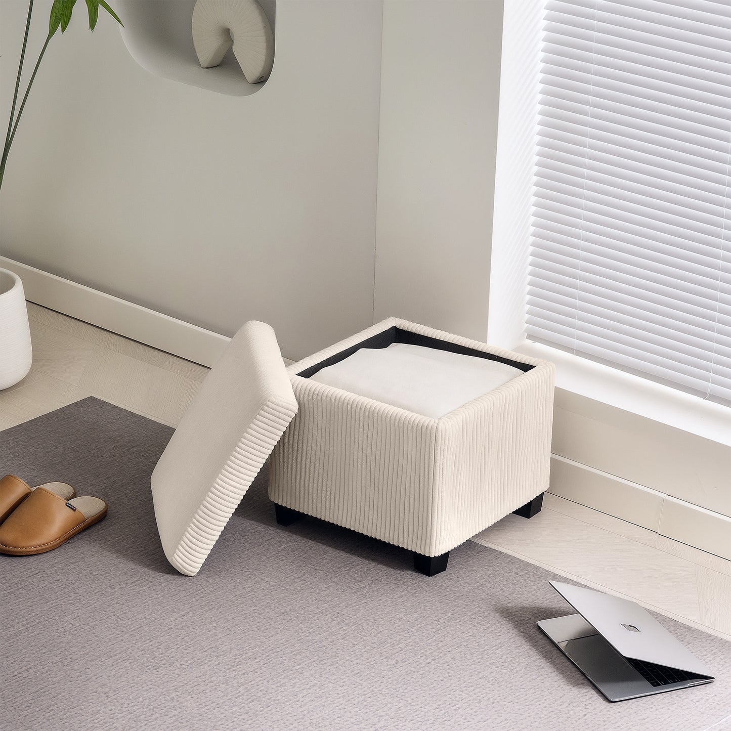 HOMCOM Storage Ottoman Bench, Corduroy Storage Chest Box with Wooden Legs, 40cm Bed End Bench for Living Room, Bedroom, Entryway, Beige