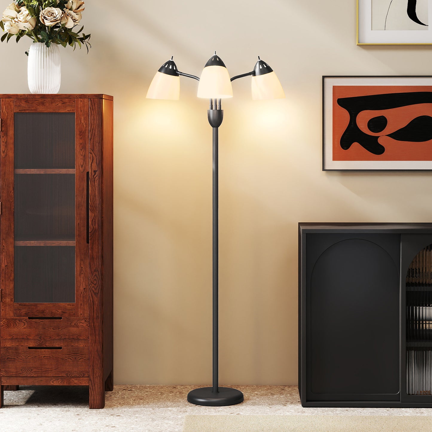 HOMCOM Arc Tree Floor Lamp with 3 Adjustable Rotating Lights and 3000K/4500K/6500K Colour Temperatures, Industrial Standing Lamp with Steel Frame for Bedroom Living Room, 155cm, Black