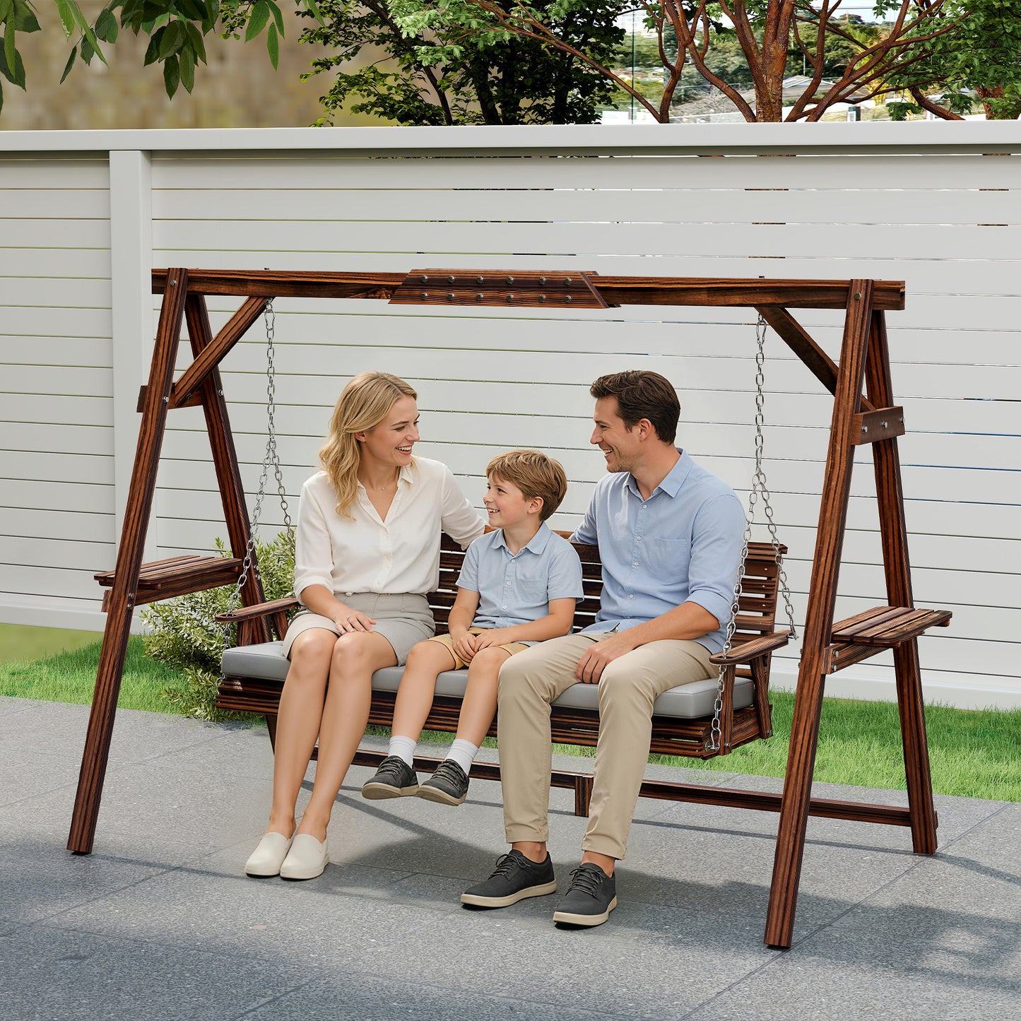 Outsunny 3 Seater Garden Swing Seat, Wooden Swing Chair Bench with Cushion, Side Trays and Metal Chains, for Outdoor Porch Patio, Carbonised Brown
