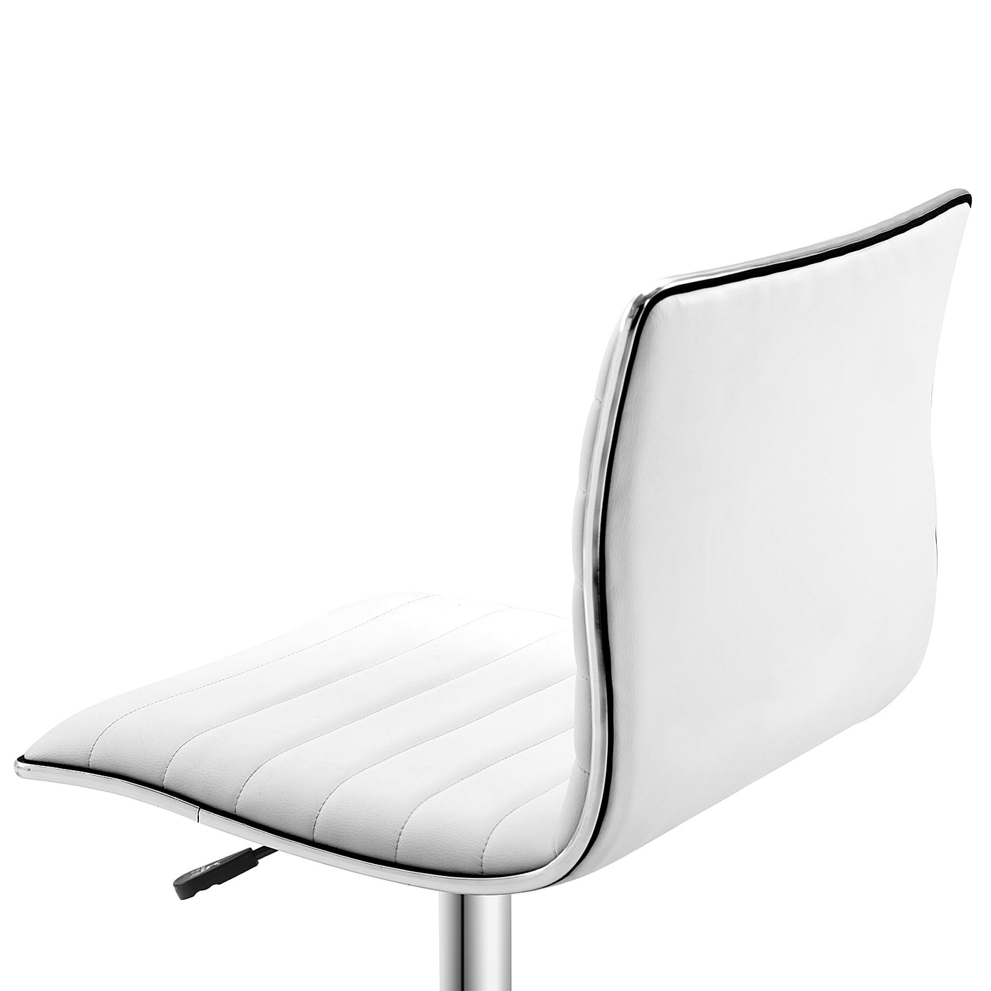 Rear three-quarter view of a white armless chair with a smooth back and padded seat