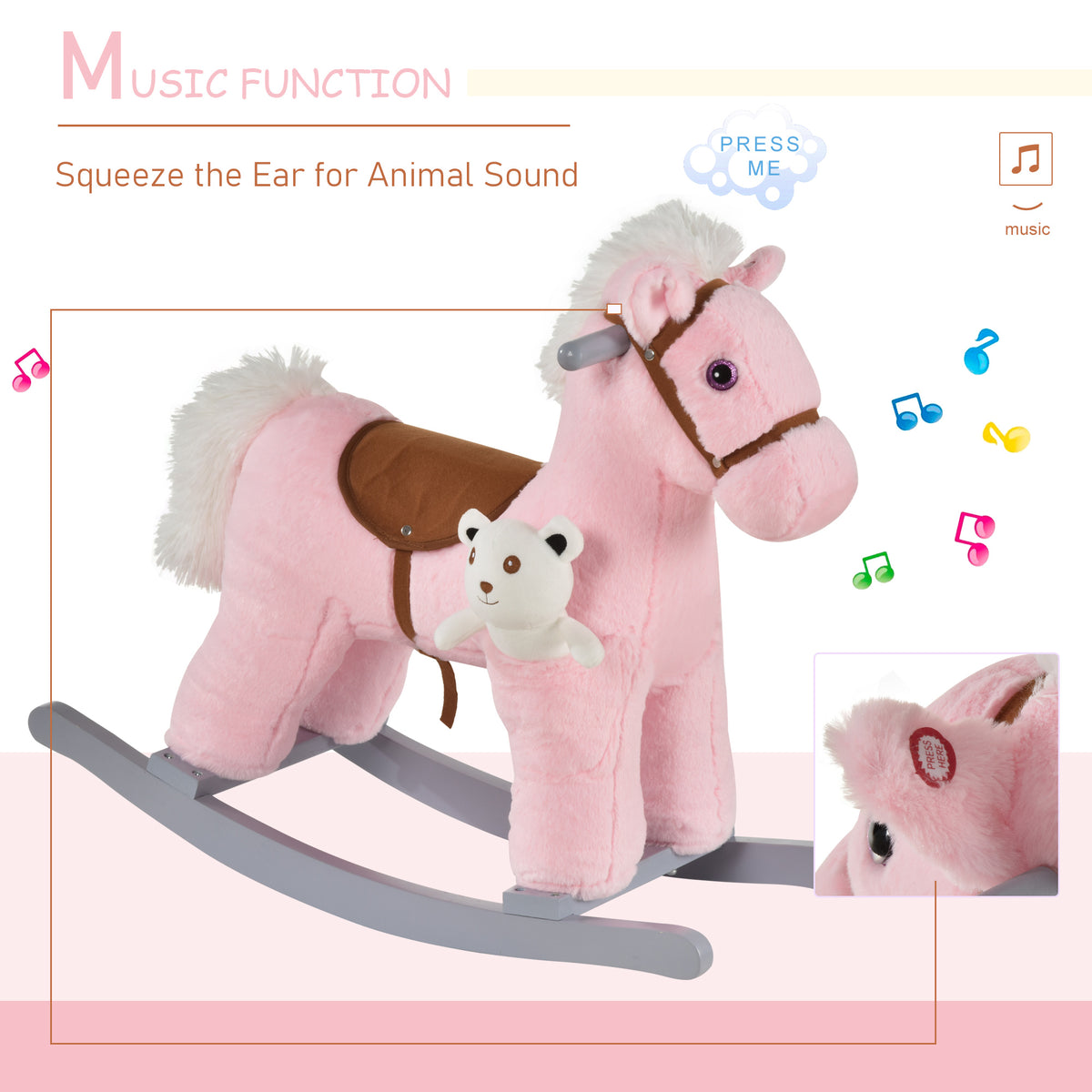 Pink plush rocking horse with sound feature activated by squeezing its ear