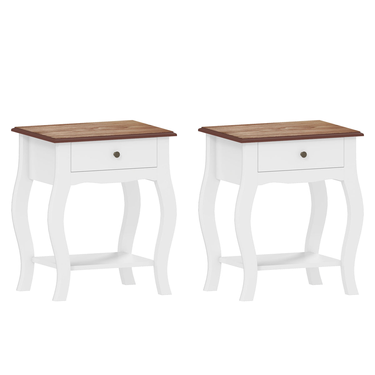 Pair of white French-style bedside tables with brown tops, drawers, open shelves and curved legs