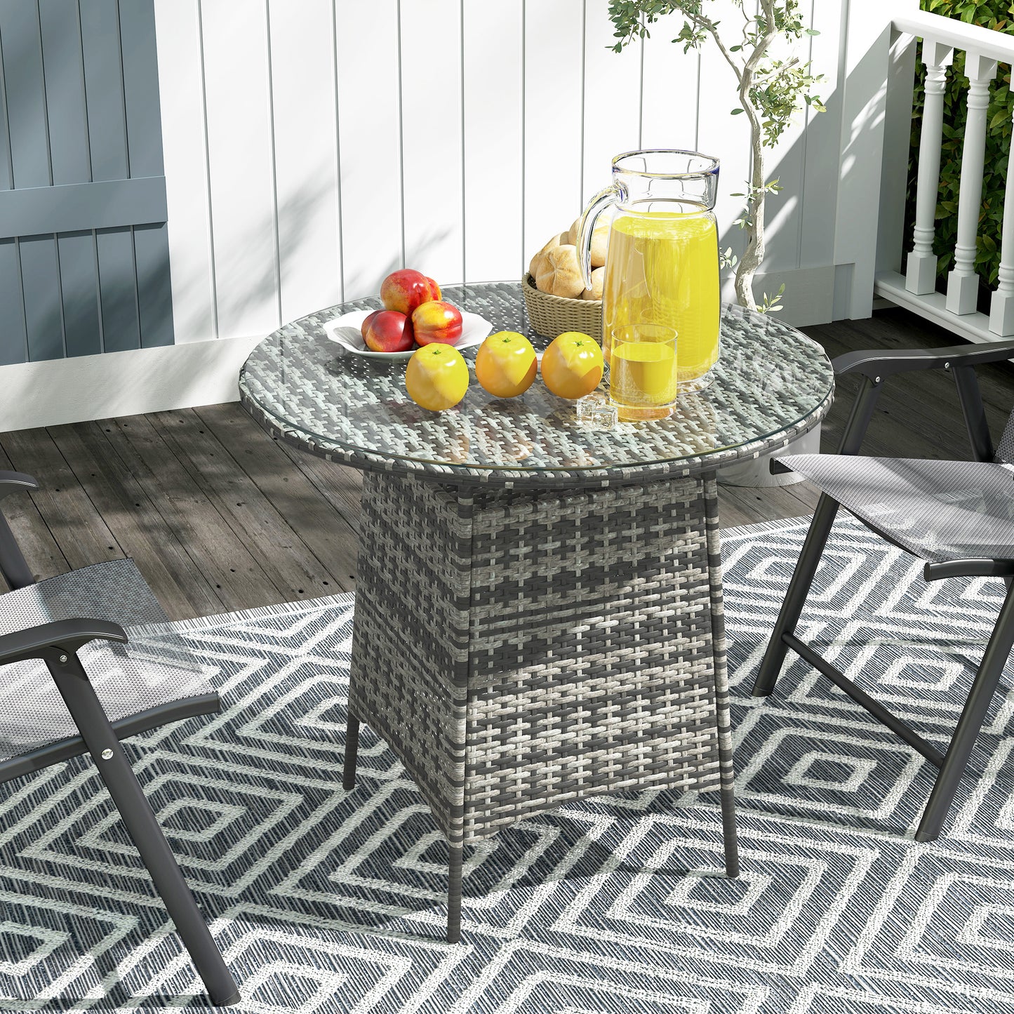 Outsunny Wicker Garden Rattan Table, Patio Furniture Outdoor Coffee Table with Umbrella Hole and Tempered Glass Top, Grey