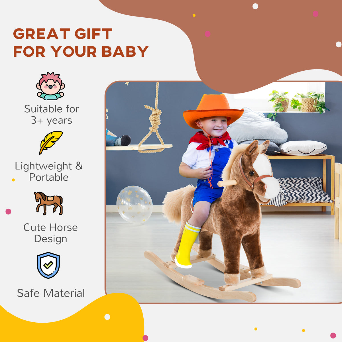 Child riding a brown plush rocking horse with a saddle and wooden rocker base