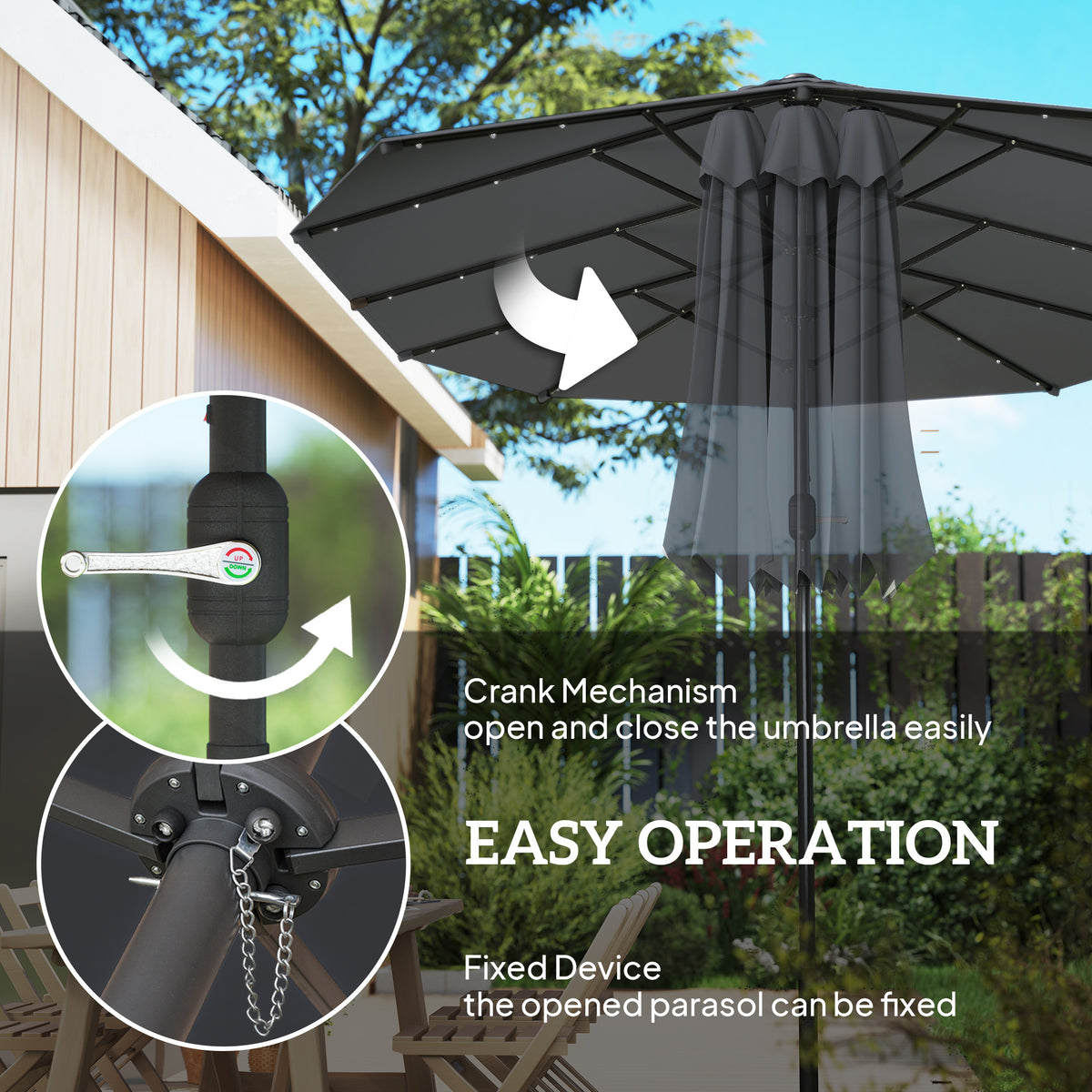 Patio umbrella with crank mechanism and lock for opening and securing the canopy