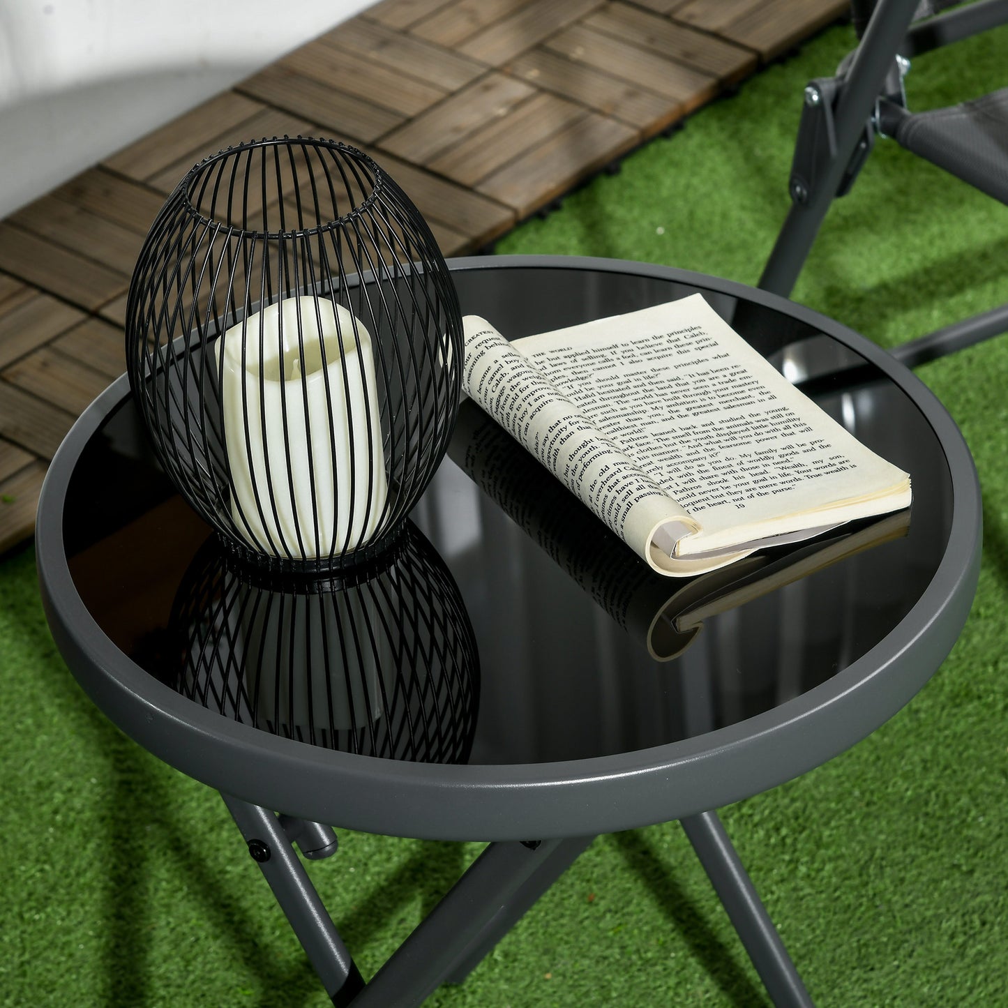 Outsunny Φ45cm Garden Side Table, Outdoor Round Folding Patio Table with Imitation Marble Glass Top, Small Coffee Table, Black