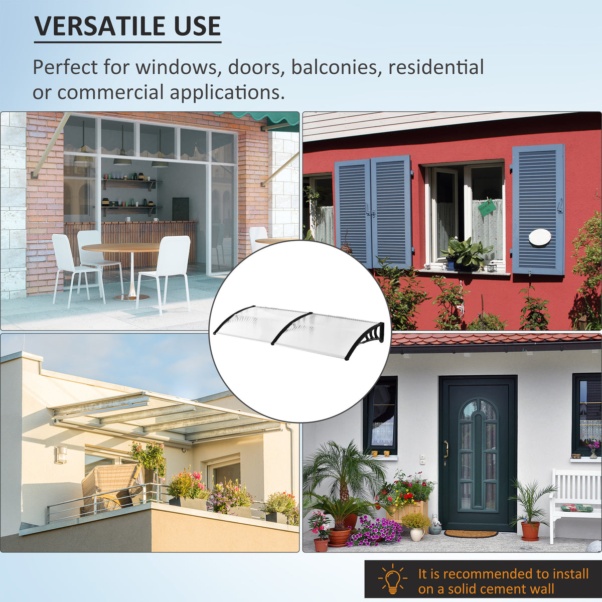 Clear polycarbonate canopy shown above windows, doors, and balconies