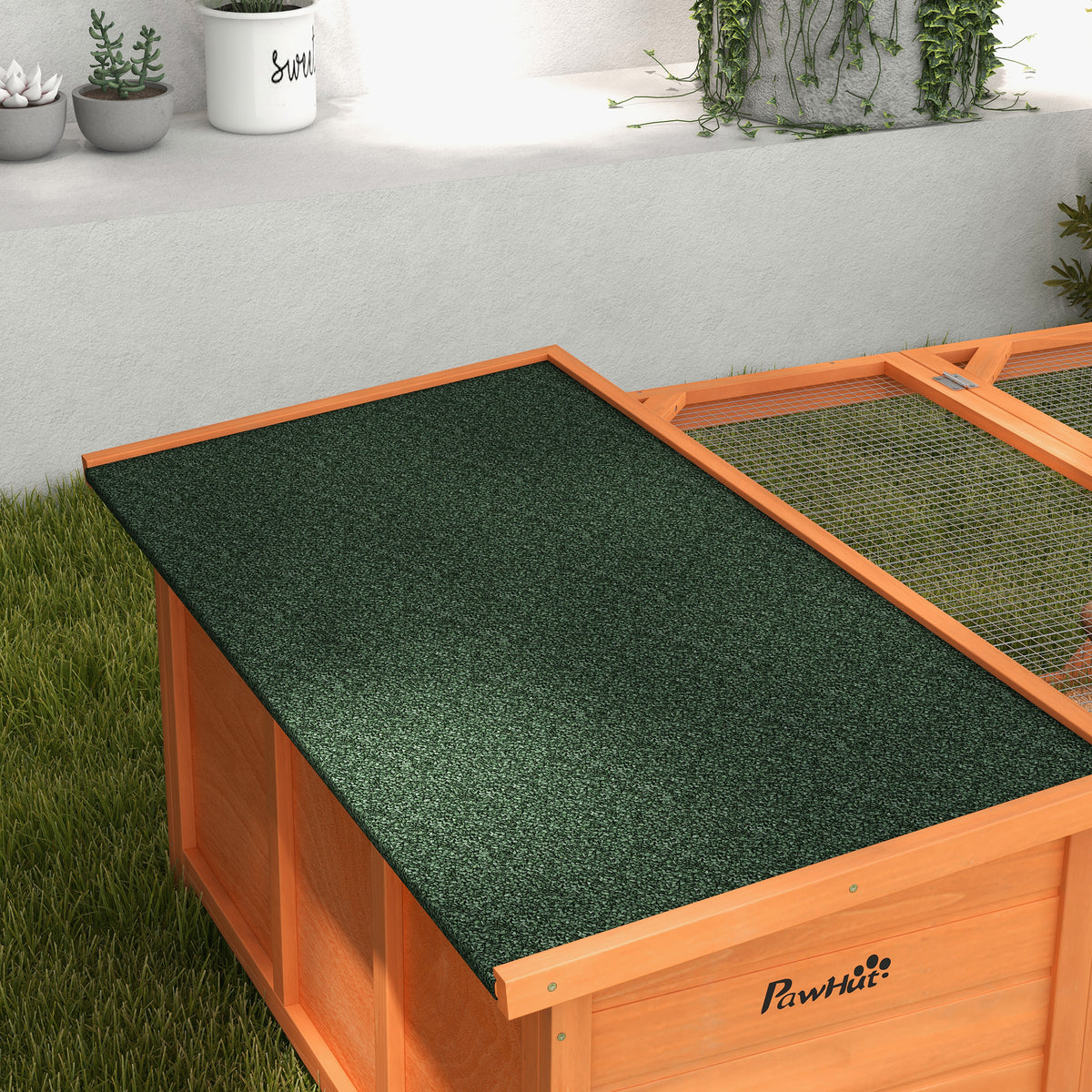 PawHut Rabbit Hutch Outdoor Guinea Pig Hutch with Run Small Animal Off-ground Duck House Hideaway Garden with Openable Roof 125.5 x 100 x 49cm Orange