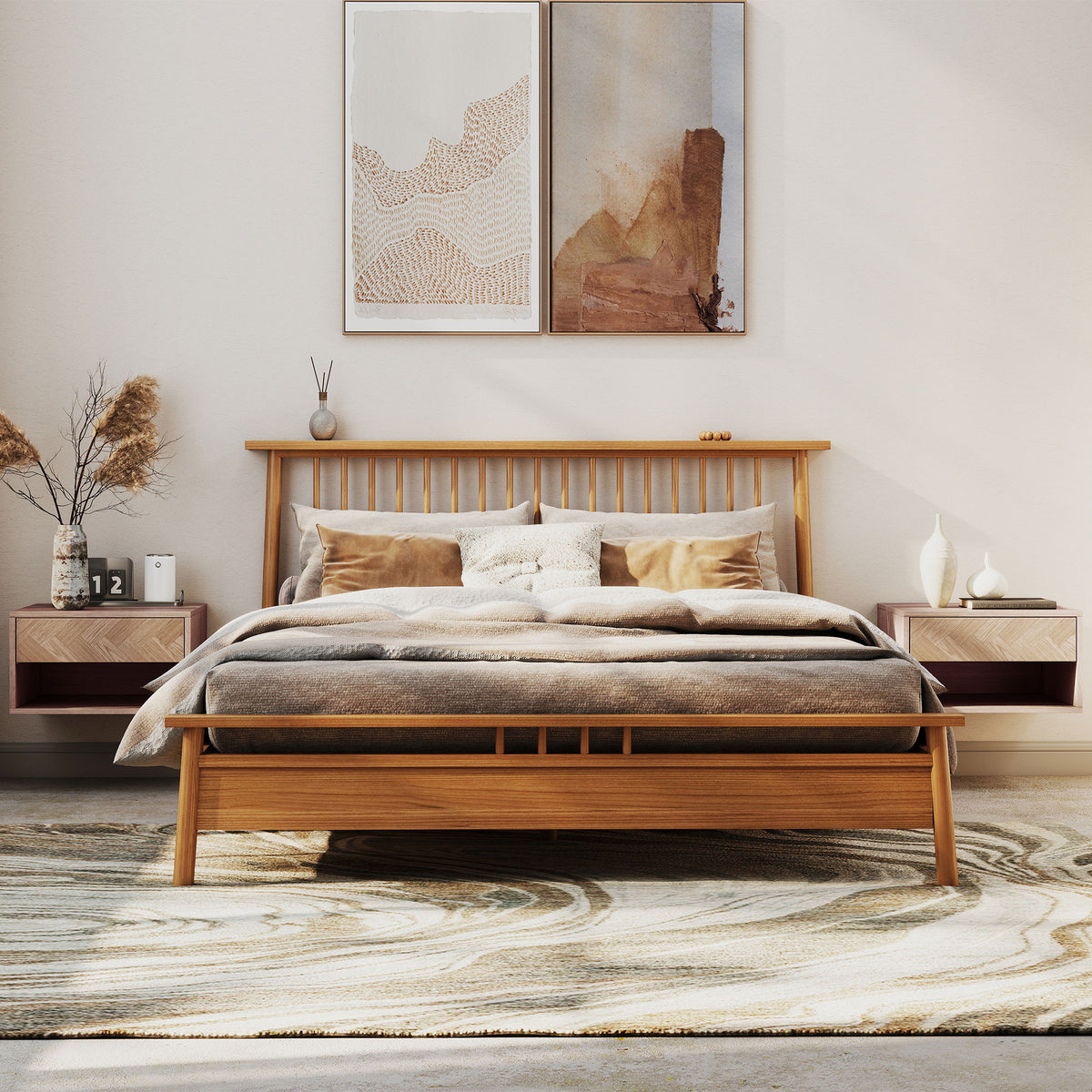 HOMCOM Set of Two Floating Bedside Tables - Natural Wood Finish