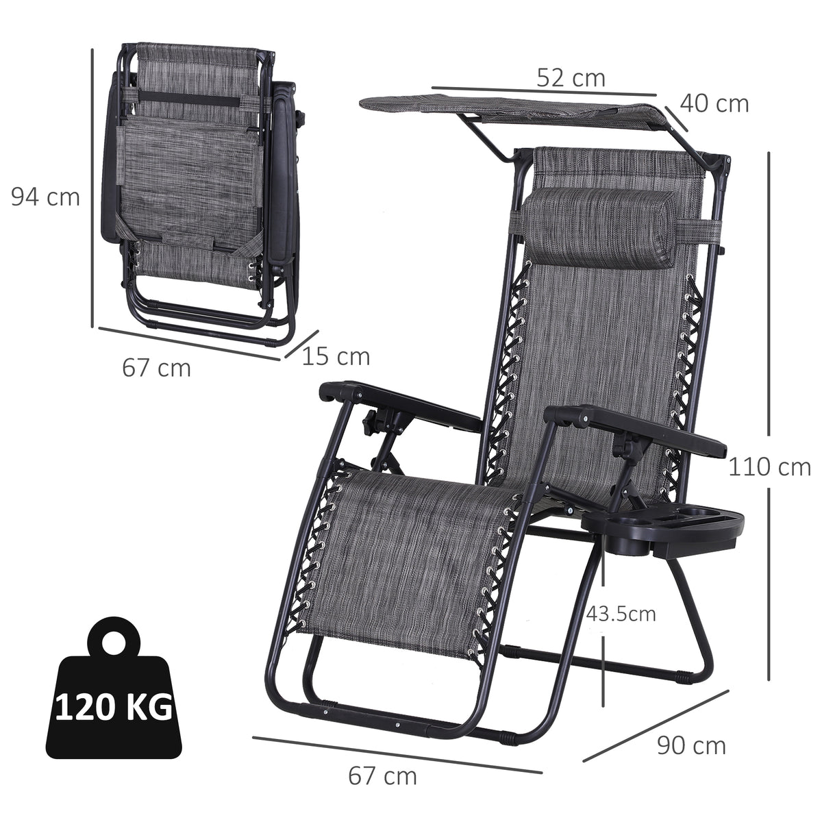 Gray folding reclining garden chair with canopy, cup holder and folded storage view