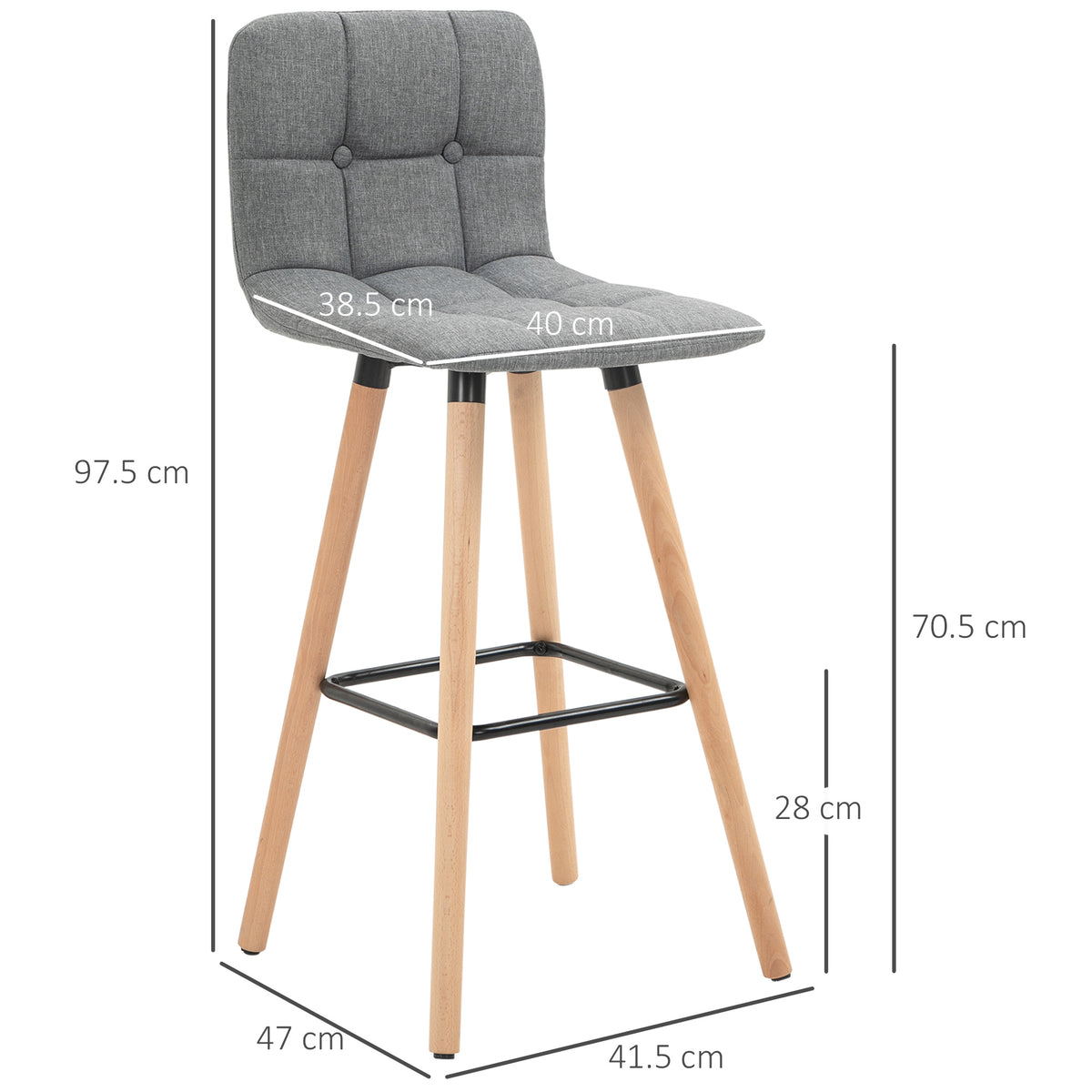Gray button-tufted bar stool with wood legs and dimensions marked