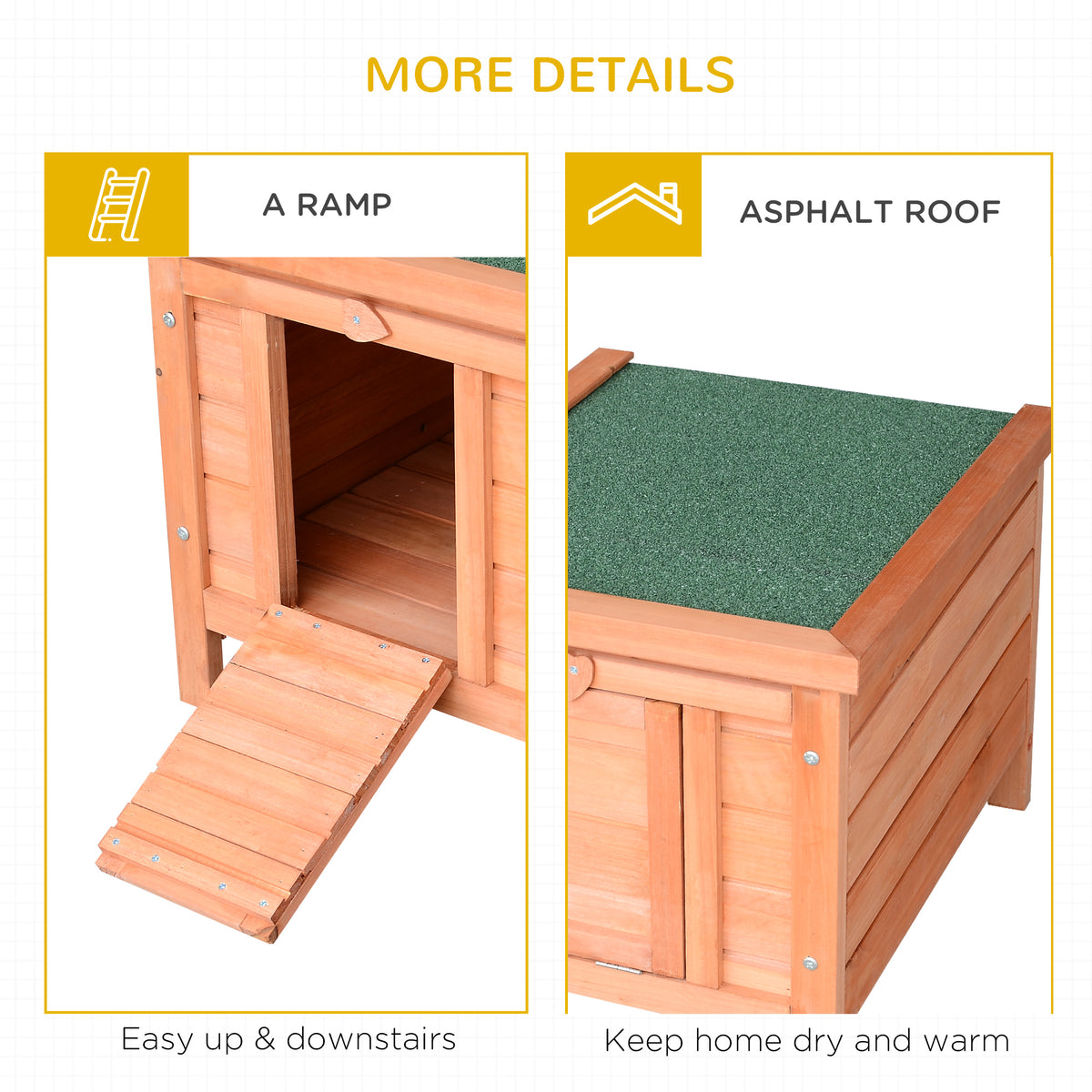 Rabbit hutch details showing a wooden ramp and green asphalt roof