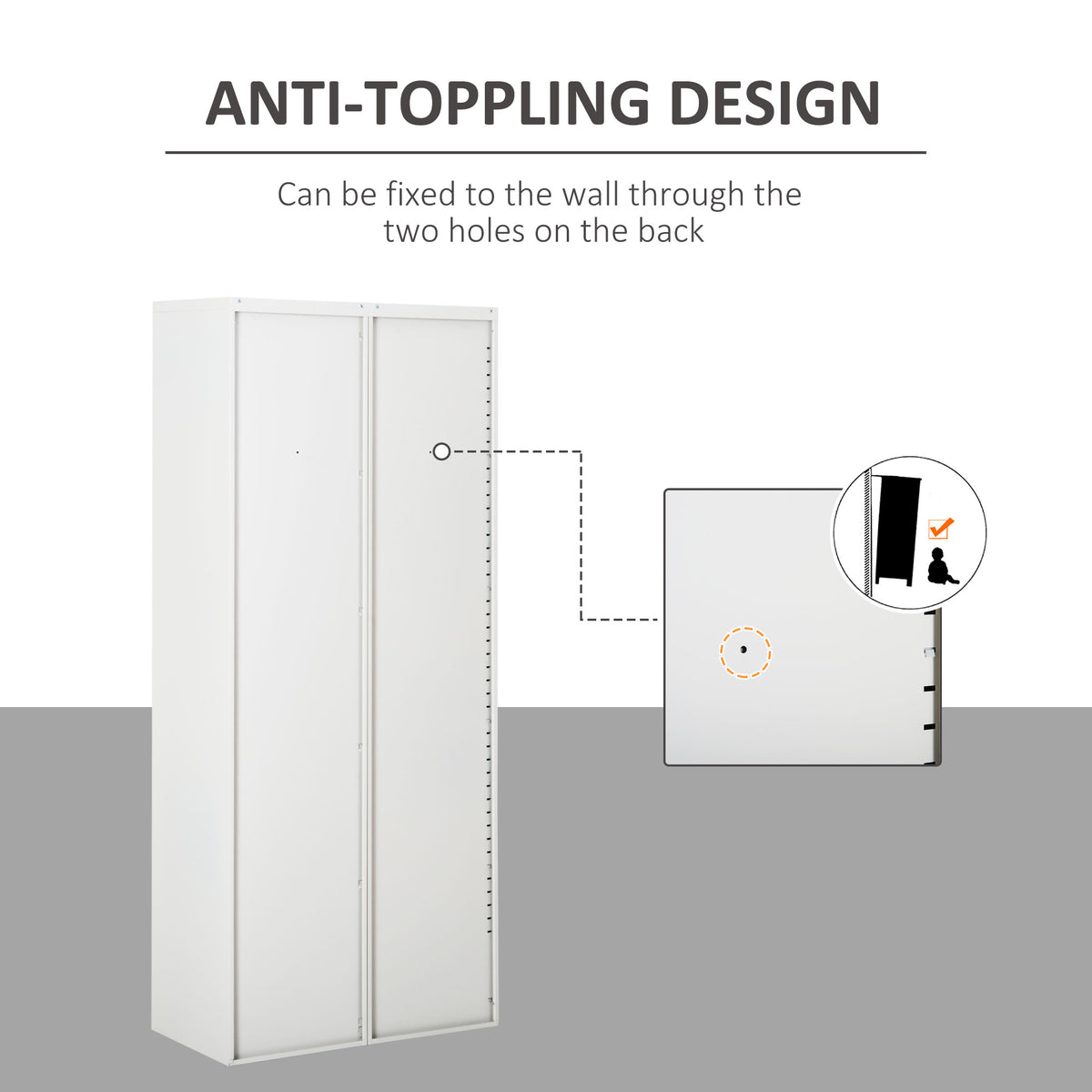 White steel filing cabinet back with wall-fixing holes for anti-tip installation