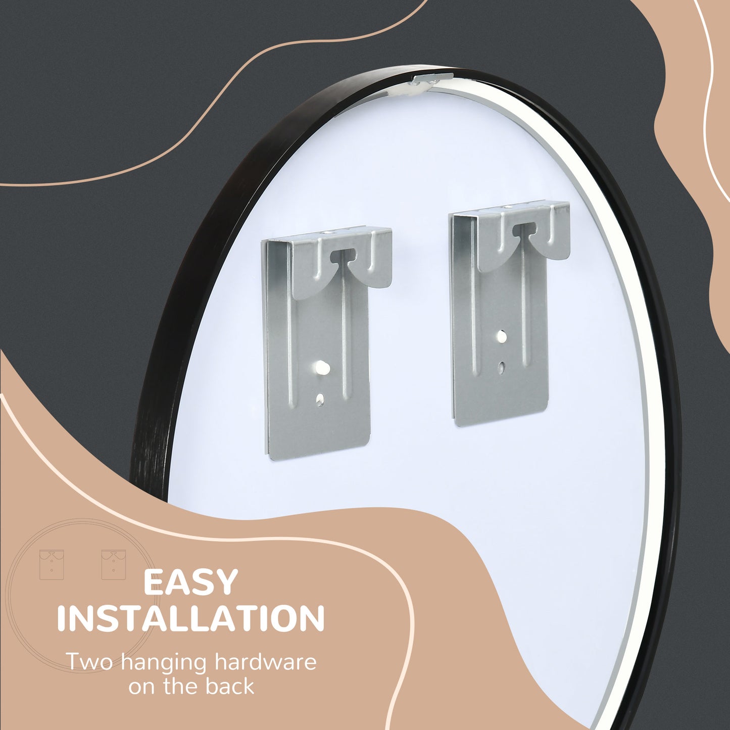 Back of the round mirror showing two metal wall-hanging brackets.