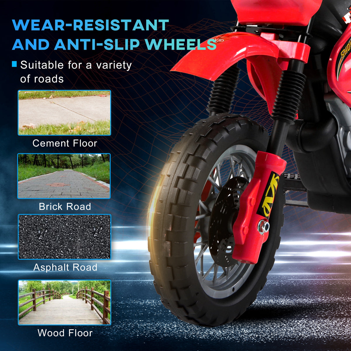 Red kids' ride-on motorcycle with a close-up of its thick treaded front tire.