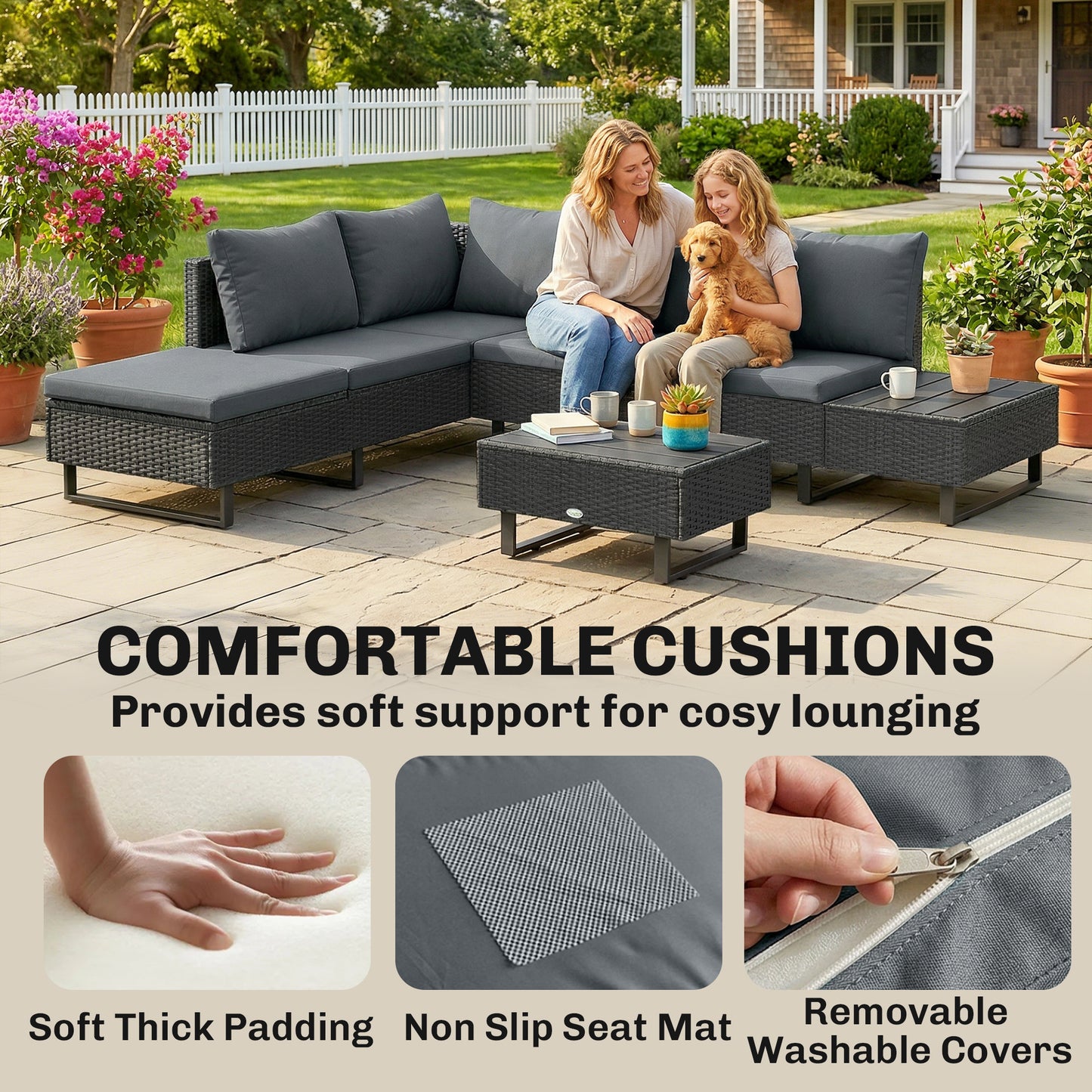 Outsunny 5 Seater Rattan Garden Furniture Set, L Shaped Garden Corner Sofa, Adjustable Back, Faux Wood Table, Dark Grey