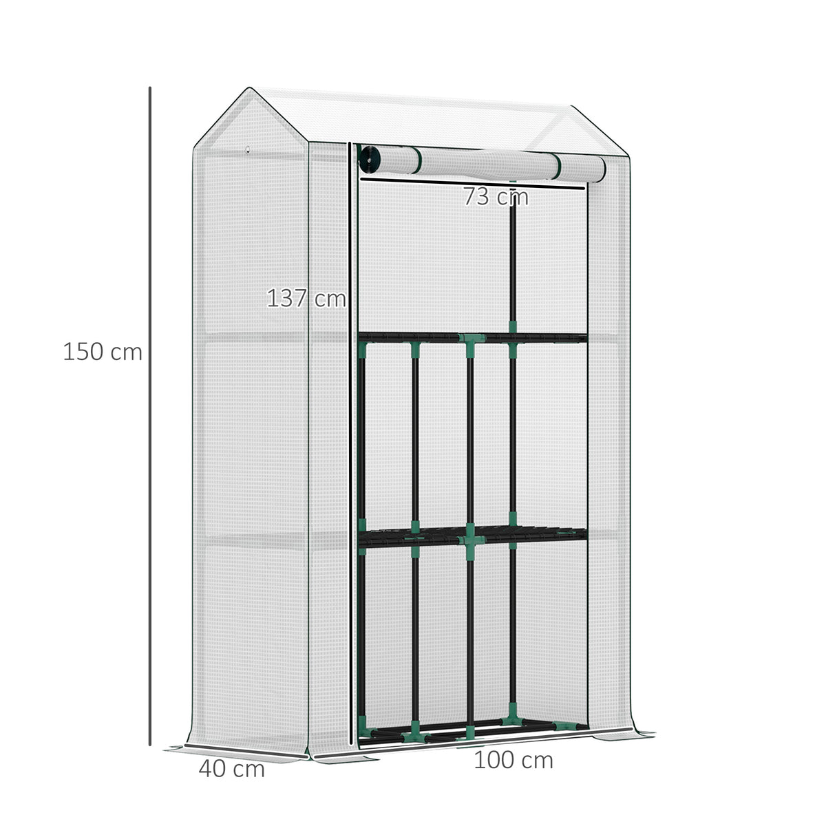 Outsunny white greenhouse with steel frame, three shelves, and 40 x 100 x 150 cm dimensions