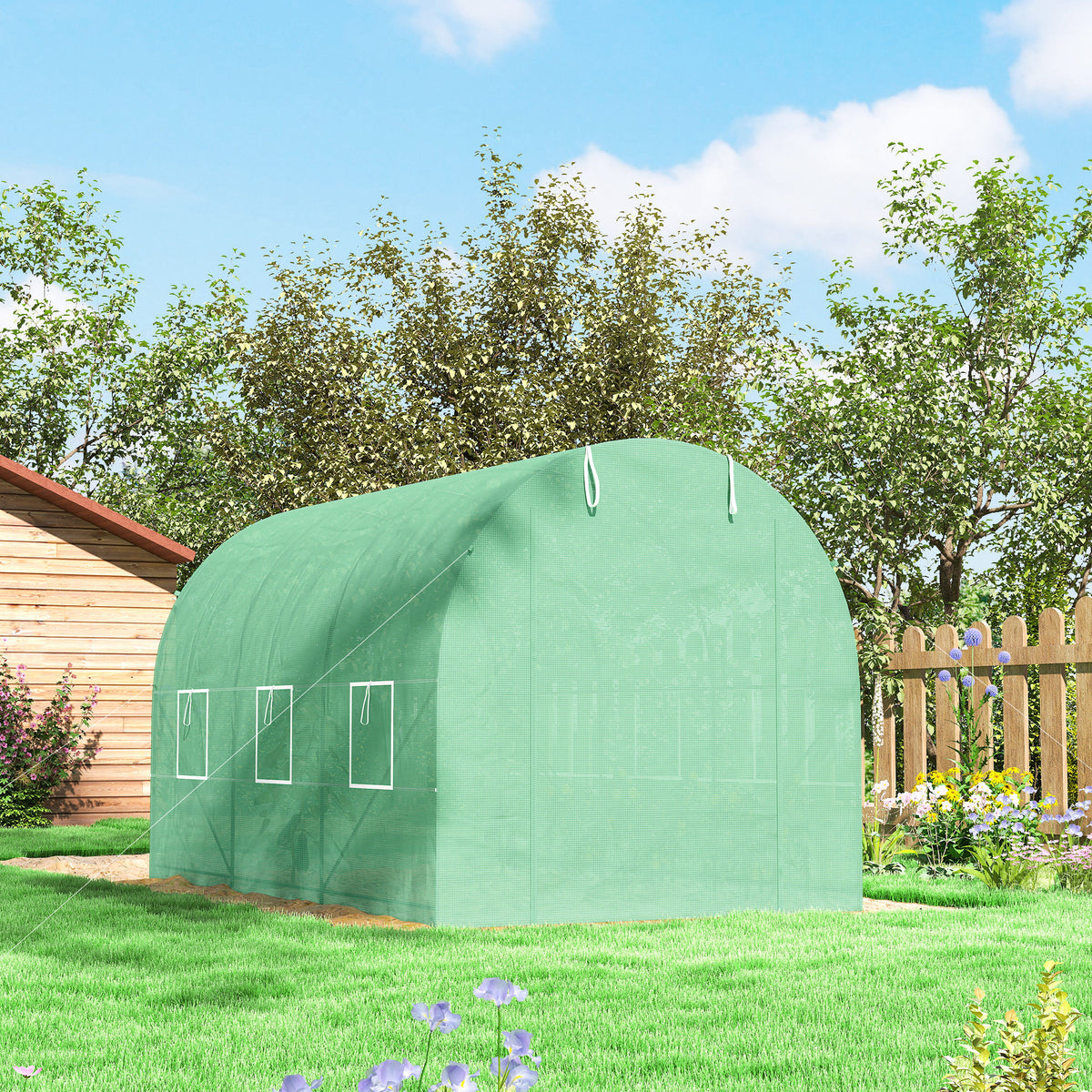 Enclosed green polytunnel greenhouse with three visible side windows