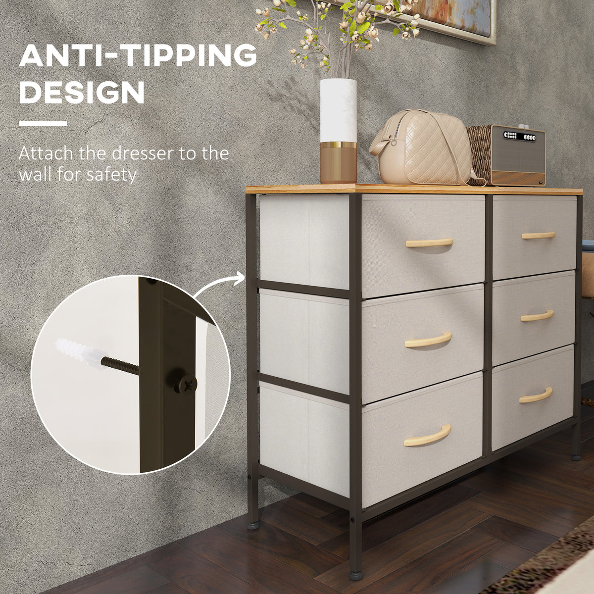 Six-drawer fabric dresser with wall-anchoring anti-tip hardware