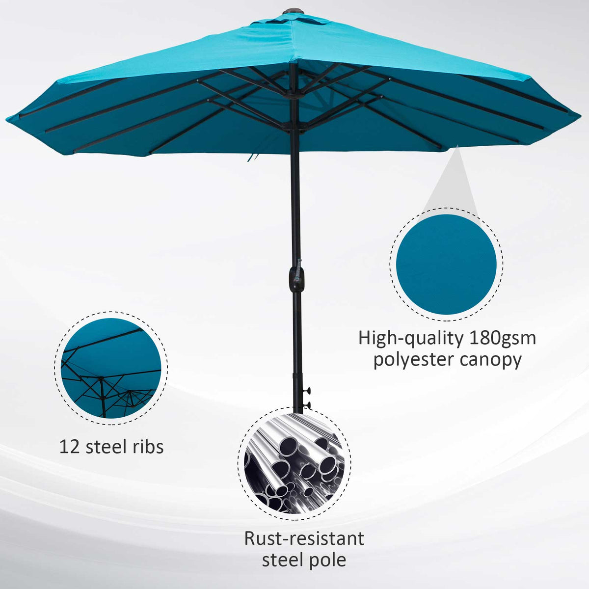 Outsunny double garden parasol showing its blue polyester canopy, steel ribs and pole