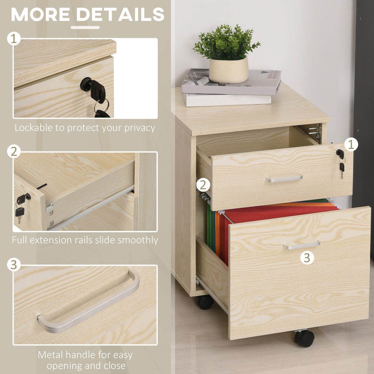 Oak grain filing cabinet with drawers extended, showing the lock, slide rails, and metal handles