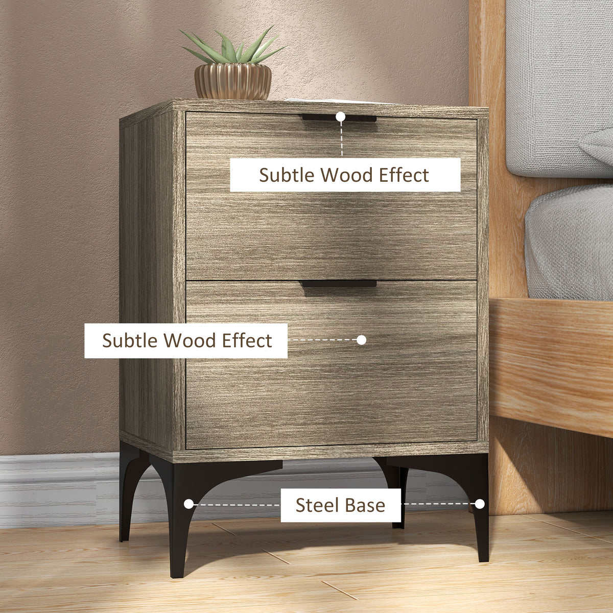 Wood-effect bedside table showing two drawers and a black steel base