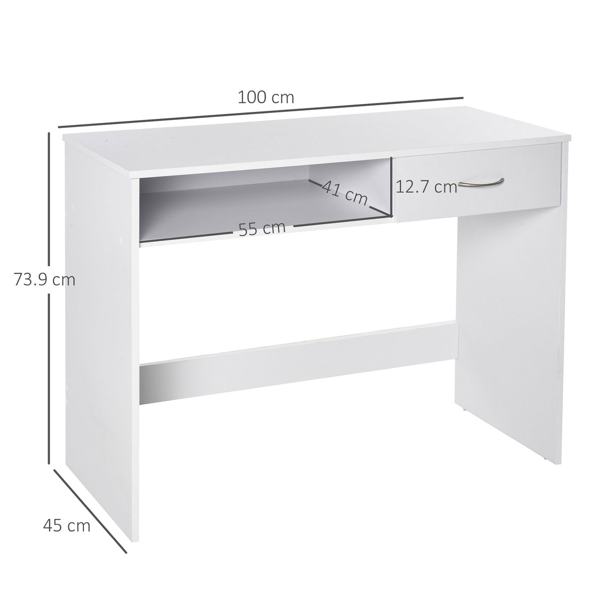 White computer desk with open shelf and drawer; dimensions shown as 100 by 45 by 73.9 cm.