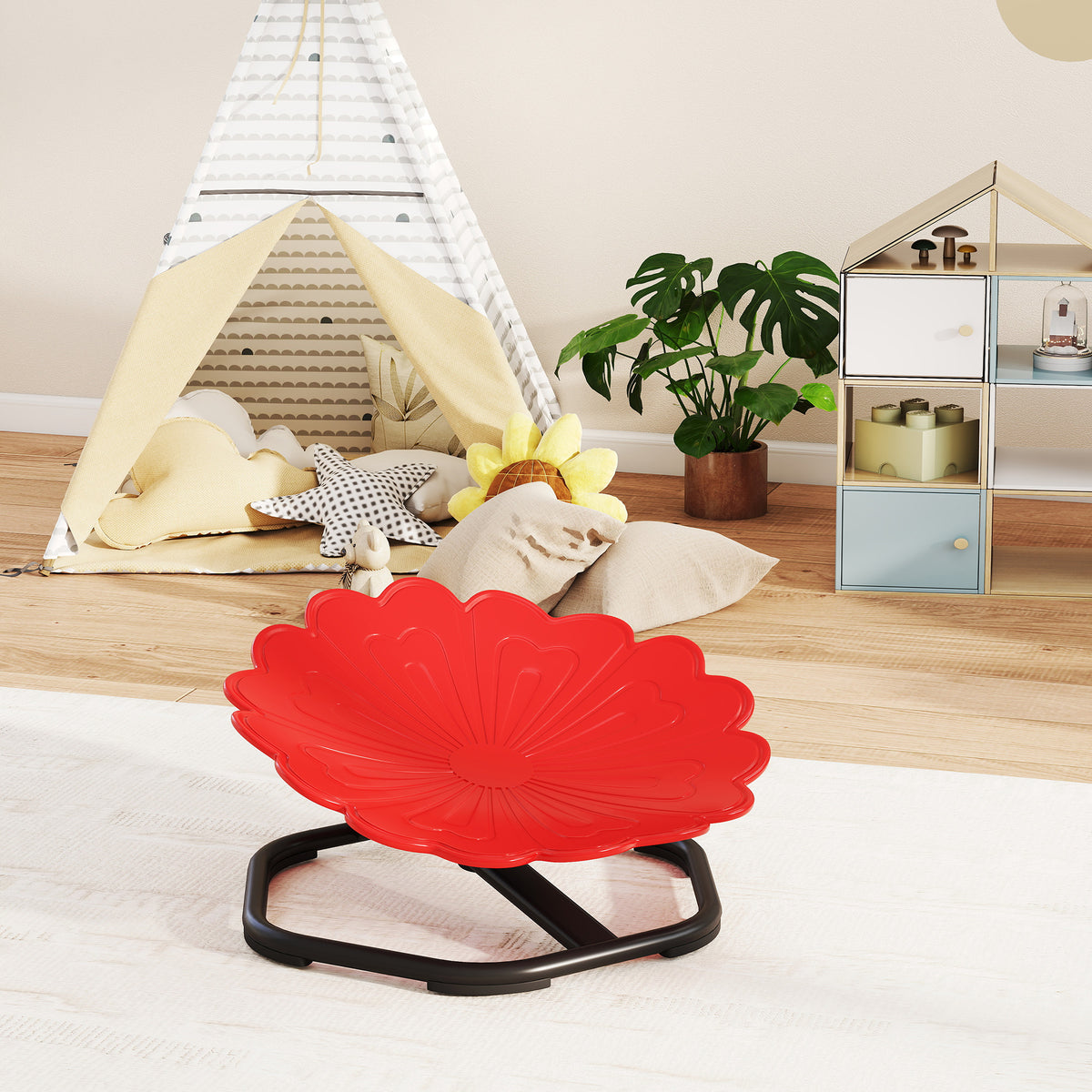 AIYAPLAY Flower-Shaped Sensory Spinning Chair with Non-Slip Base for Balance/Coordination, Red