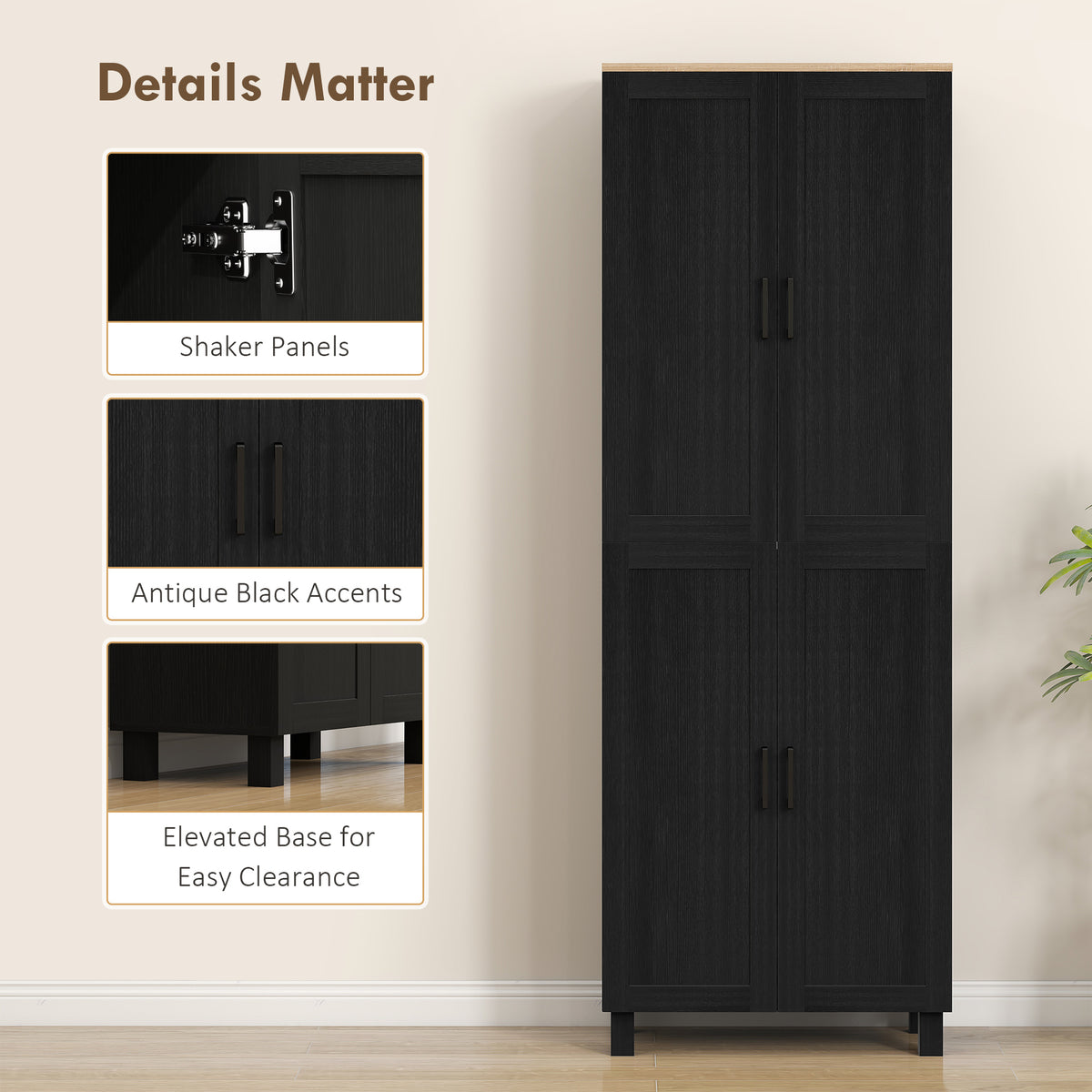HOMCOM Freestanding Kitchen Cupboard, 4-Door Storage Cabinet with Adjustable Shelves, Modern Kitchen Pantry, 170cm, Black