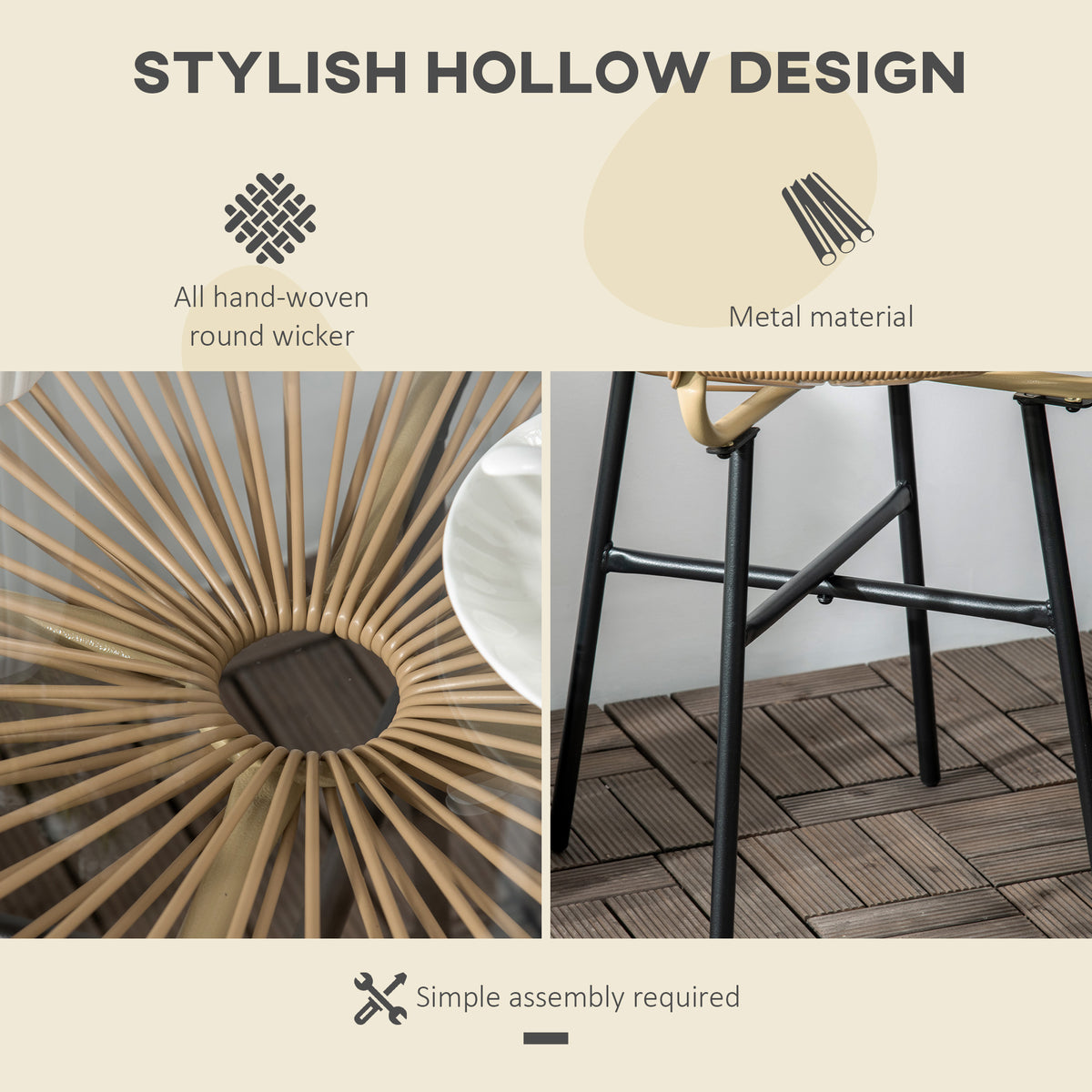 Rattan side table with hollow radial weave, round glass top, and metal legs