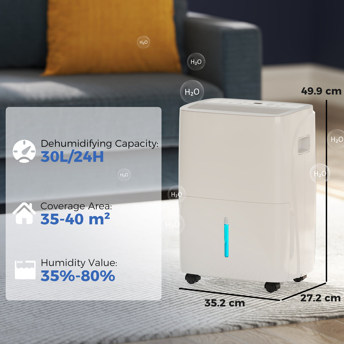 HOMCOM dehumidifier shown with 30L daily capacity and compact dimensions