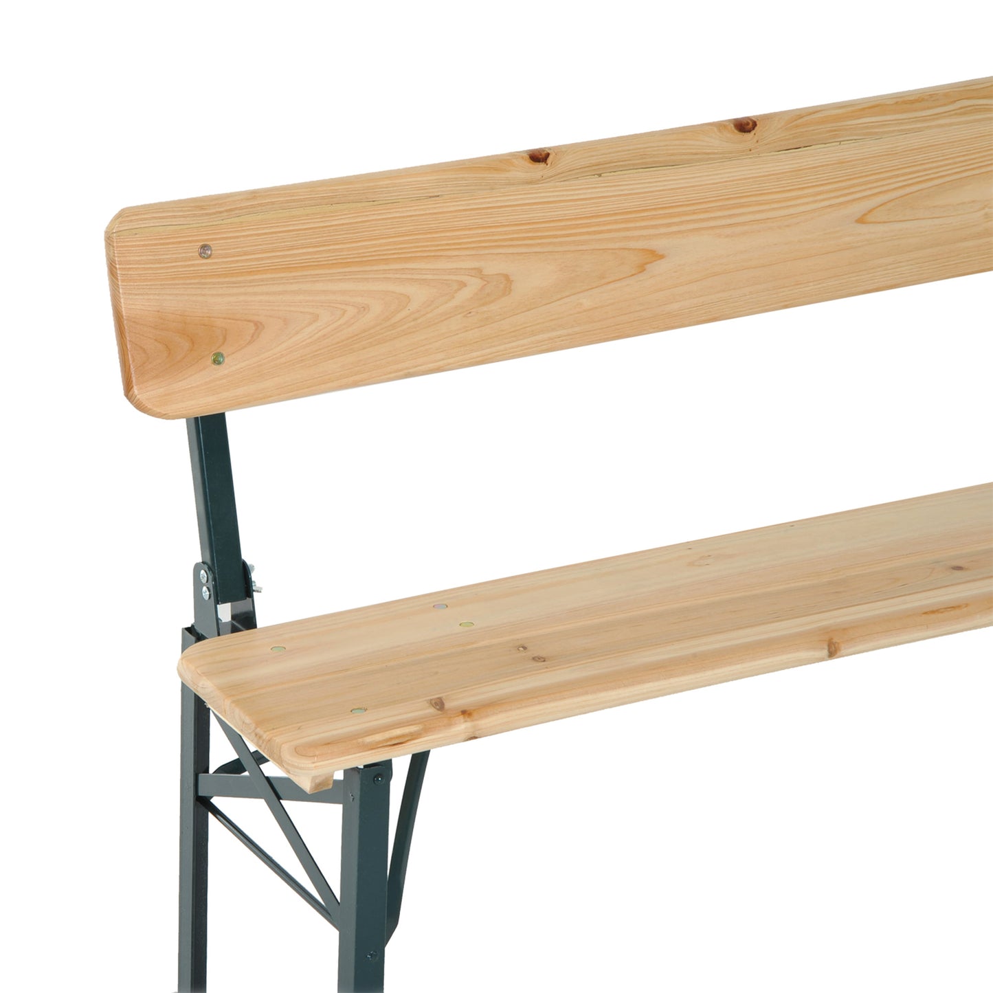Close-up of fir wood bench seat and backrest with dark metal frame