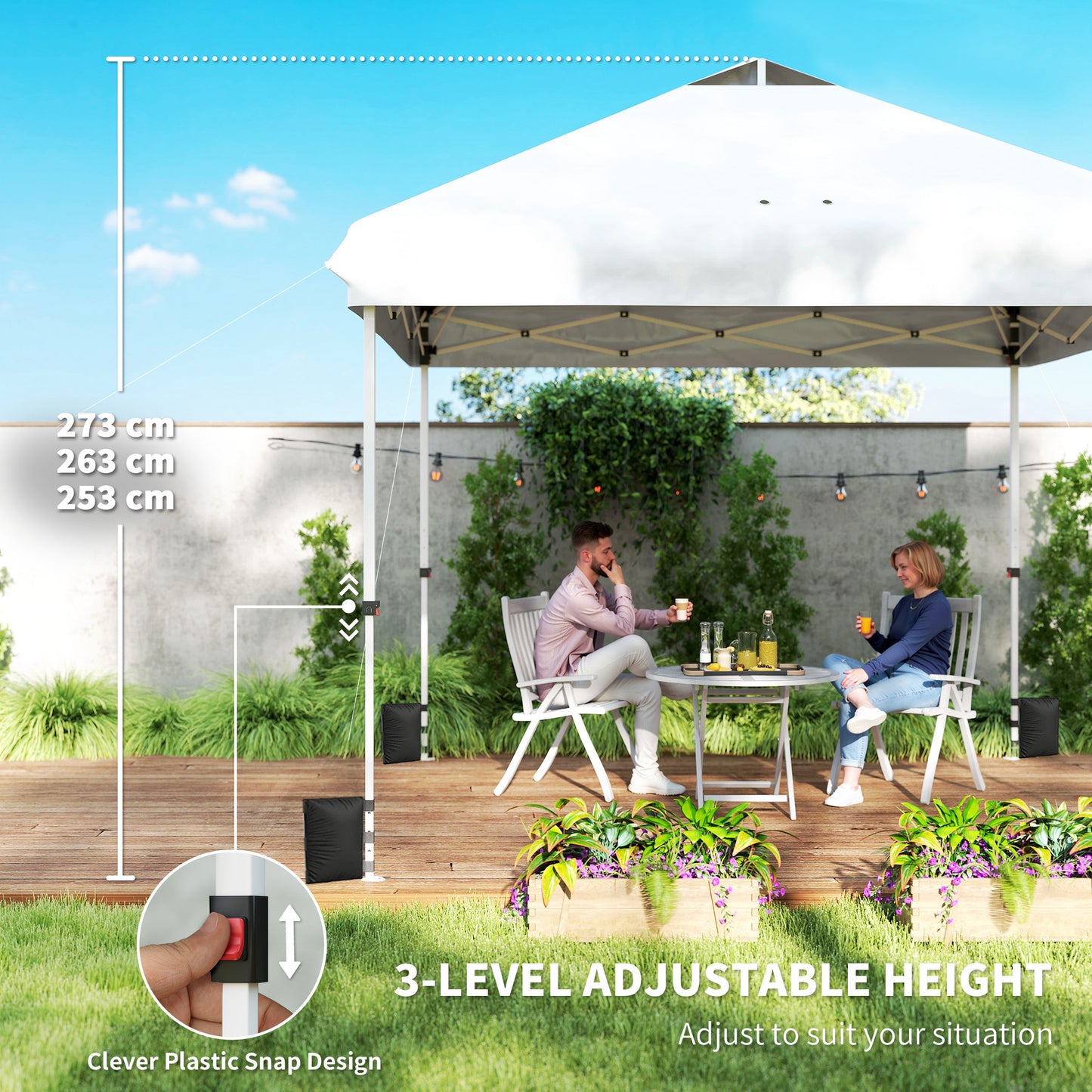 Outsunny 3 x 3 m Pop Up Gazebo with Wheels, UPF50+ One-Touch Outdoor Garden Party Tent Marquee Wedding Awning Canopy, White