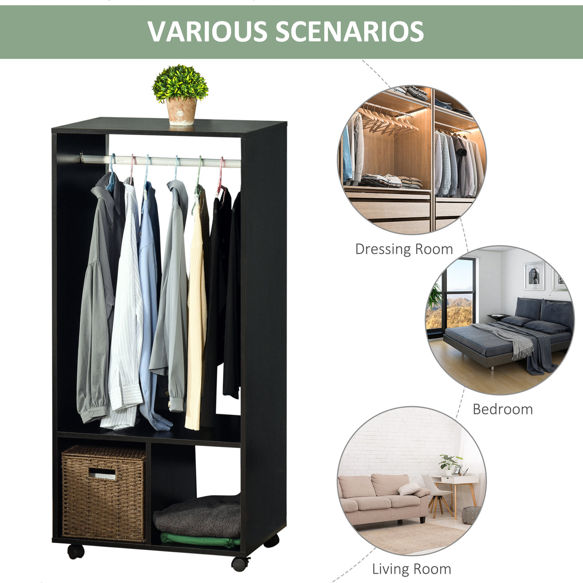 Black open wardrobe with clothes rail, two storage shelves, and wheels