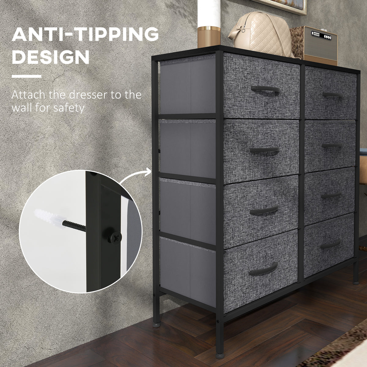 Eight-drawer fabric chest with steel frame and wall-mounted anti-tip safety strap