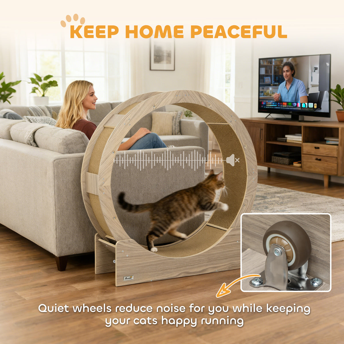 PawHut Cat Wheel with Brake, Scratching Pads - Walnut Brown