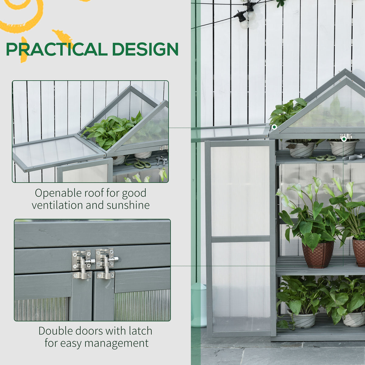 Grey greenhouse with an open roof panel and double doors, showing its shelves and latch
