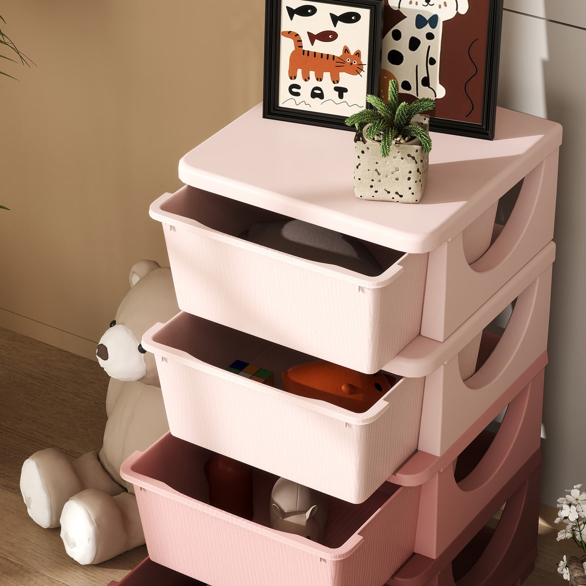 HOMCOM Four-Tier Kids Storage Boxes, with Four Drawers, Pink